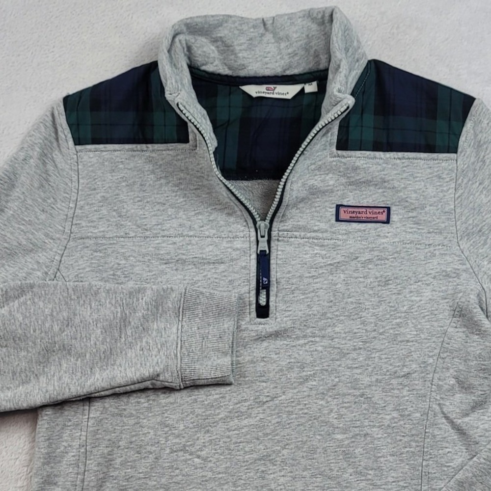 Vineyard Vines Mens Gray Black Watch Plaid Quarter Zip Pullover Sweatshirt M